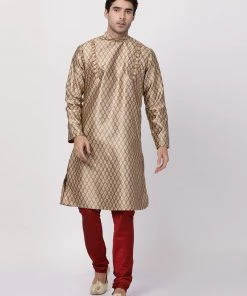 Vastramay Men's Gold Cotton Silk Blend Kurta And Churidar Set
