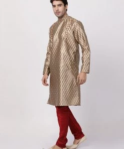Vastramay Men's Gold Cotton Silk Blend Kurta And Churidar Set