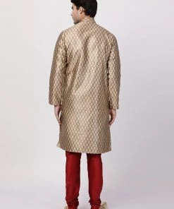 Vastramay Men's Gold Cotton Silk Blend Kurta And Churidar Set
