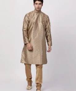 Vastramay Men's Gold Cotton Silk Blend Kurta And Churidar Set