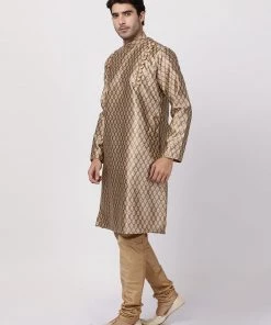 Vastramay Men's Gold Cotton Silk Blend Kurta And Churidar Set