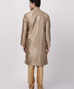 Vastramay Men's Gold Cotton Silk Blend Kurta And Churidar Set