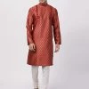 Vastramay Men's Maroon Cotton Silk Blend Kurta And Churidar Set