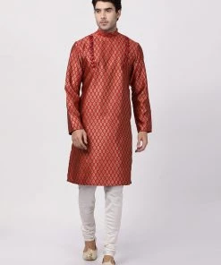 Vastramay Men's Maroon Cotton Silk Blend Kurta And Churidar Set