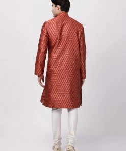 Vastramay Men's Maroon Cotton Silk Blend Kurta And Churidar Set
