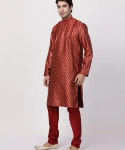 VASTRAMAY Men's Maroon Cotton Silk Blend Kurta And Churidar Set
