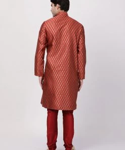 VASTRAMAY Men's Maroon Cotton Silk Blend Kurta And Churidar Set