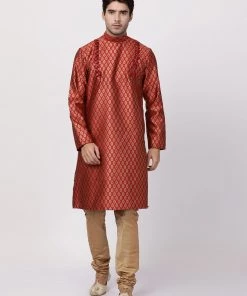 VASTRAMAY Men's Maroon Cotton Silk Blend Kurta And Churidar Set