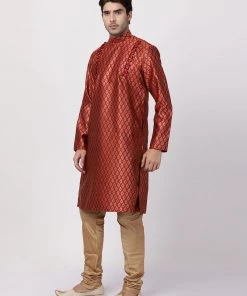 VASTRAMAY Men's Maroon Cotton Silk Blend Kurta And Churidar Set