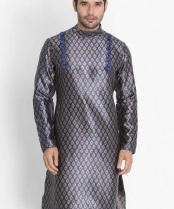 VASTRAMAY Men's Navy Blue Cotton Silk Blend Kurta
