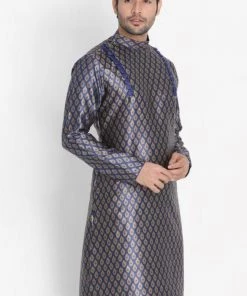 VASTRAMAY Men's Navy Blue Cotton Silk Blend Kurta