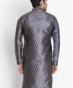 VASTRAMAY Men's Navy Blue Cotton Silk Blend Kurta