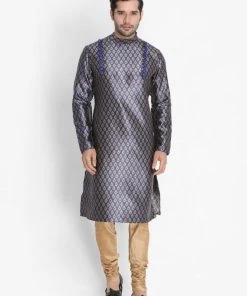 VASTRAMAY Men's Navy Blue Cotton Silk Blend Kurta