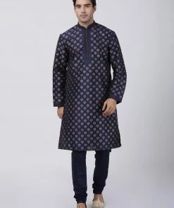 Vastramay Buy 1 Get 1 Men's Navy Blue Cotton Silk Blend Kurta And Churidar Set