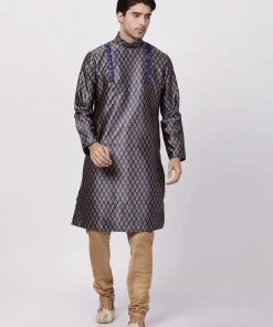 Vastramay Men's Navy Blue Cotton Silk Blend Kurta And Churidar Set Buy 1 Get 1