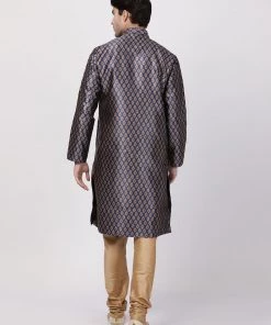 Vastramay Men's Navy Blue Cotton Silk Blend Kurta And Churidar Set Buy 1 Get 1