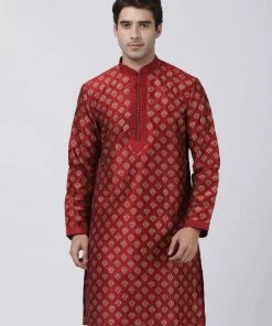 Buy 1 Get 1 VASTRAMAY Men's Maroon Silk Blend Kurta