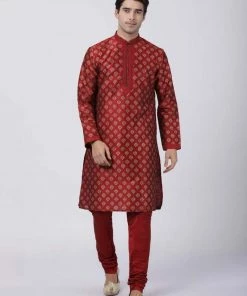 Vastramay Buy 1 Get 1 Men's Maroon Cotton Silk Blend Kurta And Churidar Set