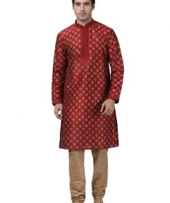Vastramay Buy 1 Get 1 Men's Maroon Cotton Silk Blend Kurta And Churidar Set