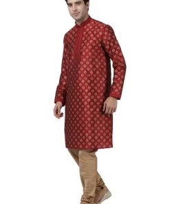 Vastramay Buy 1 Get 1 Men's Maroon Cotton Silk Blend Kurta And Churidar Set