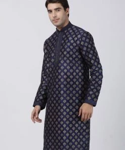 VASTRAMAY Men's Navy Blue Cotton Silk Blend Kurta