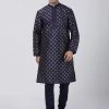 Vastramay Men's Navy Blue Cotton Silk Blend Kurta And Churidar Set