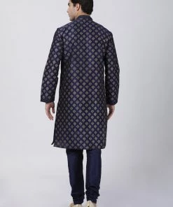 Vastramay Men's Navy Blue Cotton Silk Blend Kurta And Churidar Set