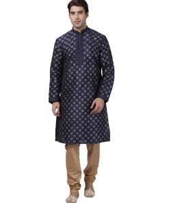 Vastramay Buy 1 Get 1 Men's Navy Blue Cotton Silk Blend Kurta And Churidar Set