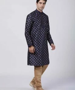 VASTRAMAY Men's Navy Blue Cotton Silk Blend Kurta