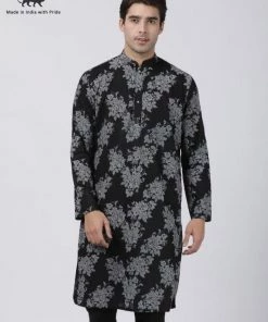 Buy 1 Get 1 VASTRAMAY Men's Black Printed Cotton Blend Kurta