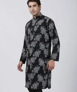Buy 1 Get 1 VASTRAMAY Men's Black Printed Cotton Blend Kurta