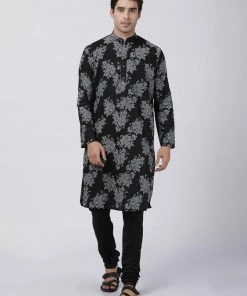 Vastramay Men's Black Printed Cotton Kurta And Churidar Set
