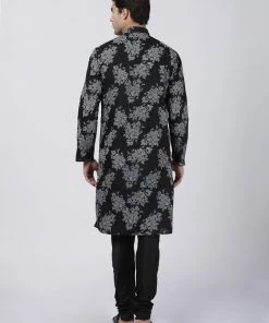 Vastramay Men's Black Printed Cotton Kurta And Churidar Set