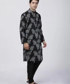 Vastramay Men's Black Printed Cotton Kurta And Churidar Set
