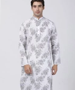 Buy 1 Get 1 VASTRAMAY Men's White Printed Cotton Blend Kurta