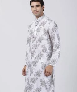 Buy 1 Get 1 VASTRAMAY Men's White Printed Cotton Blend Kurta