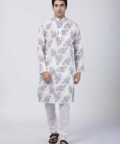 Buy 1 Get 1 VASTRAMAY Men's White Printed Cotton Blend Kurta