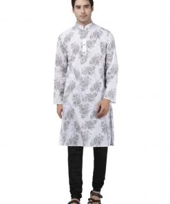 Vastramay Men's White Printed Cotton Kurta And Churidar Set Buy 1 Get 1