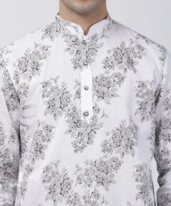 Vastramay Men's White Printed Cotton Kurta And Churidar Set Buy 1 Get 1