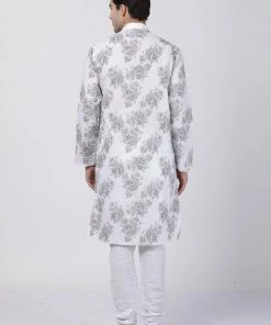Vastramay Men's White Printed Cotton Kurta And Churidar Set Buy 1 Get 1