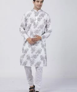 Vastramay Men's White Printed Cotton Kurta And Churidar Set Buy 1 Get 1