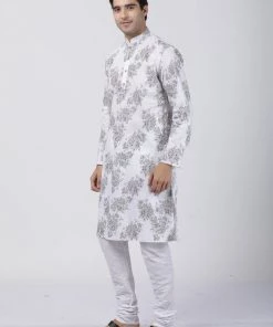 Vastramay Men's White Printed Cotton Kurta And Churidar Set Buy 1 Get 1