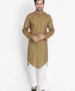 Vastramay Men's Brown Cotton Blend Kurta And Churidar Set