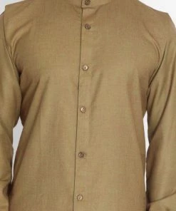 Vastramay Men's Brown Cotton Blend Kurta And Churidar Set