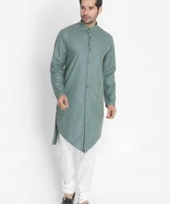 Vastramay Men's Green Cotton Blend Kurta And Churidar Set