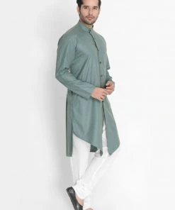 Vastramay Men's Green Cotton Blend Kurta And Churidar Set