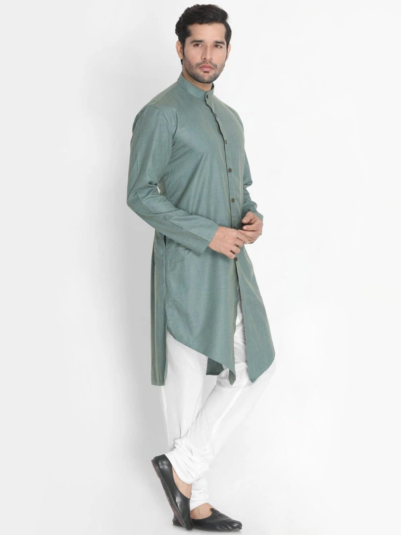 Vastramay Men's Green Cotton Blend Kurta And Churidar Set 4 Vastramay Men's Green Cotton Blend Kurta And Churidar Set