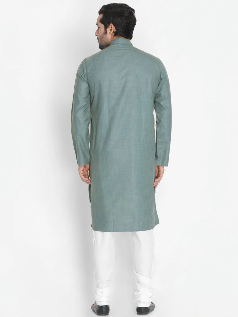Vastramay Men's Green Cotton Blend Kurta And Churidar Set 6 Vastramay Men's Green Cotton Blend Kurta And Churidar Set
