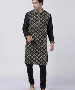 Vastramay Men's Black Cotton Silk Blend Kurta And Churidar Set Buy 1 Get 1