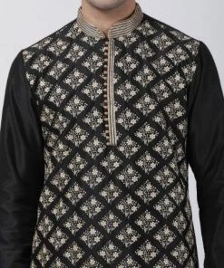 Vastramay Men's Black Cotton Silk Blend Kurta And Churidar Set Buy 1 Get 1